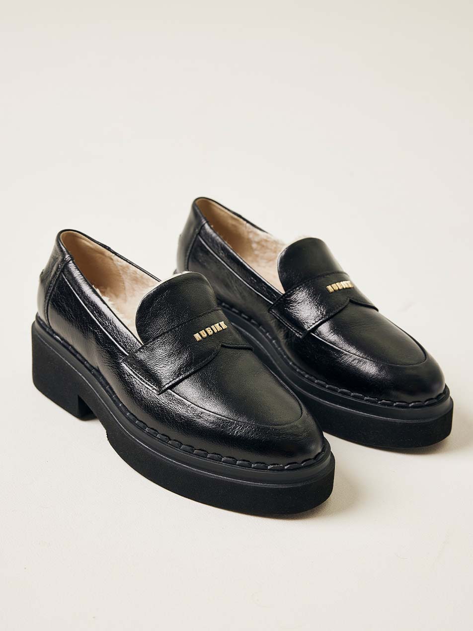 Frankie Loafer Fur Black Patent Loafers for Women