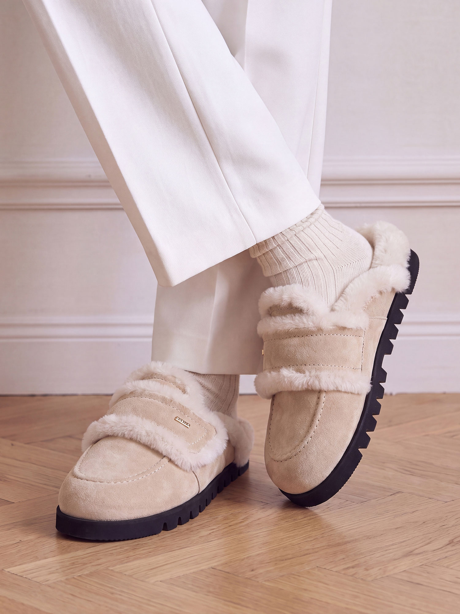 Teddy Furry | Beige Suede Slippers for Women